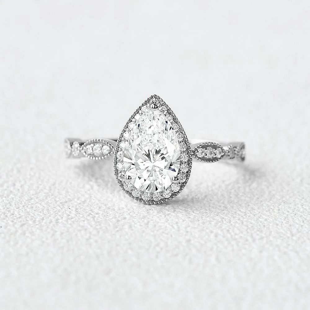 1.0ct Pear Shaped Colorless Lab Grown Diamond Classic Halo Gold Ring