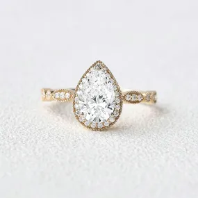 1.0ct Pear Shaped Colorless Lab Grown Diamond Classic Halo Gold Ring