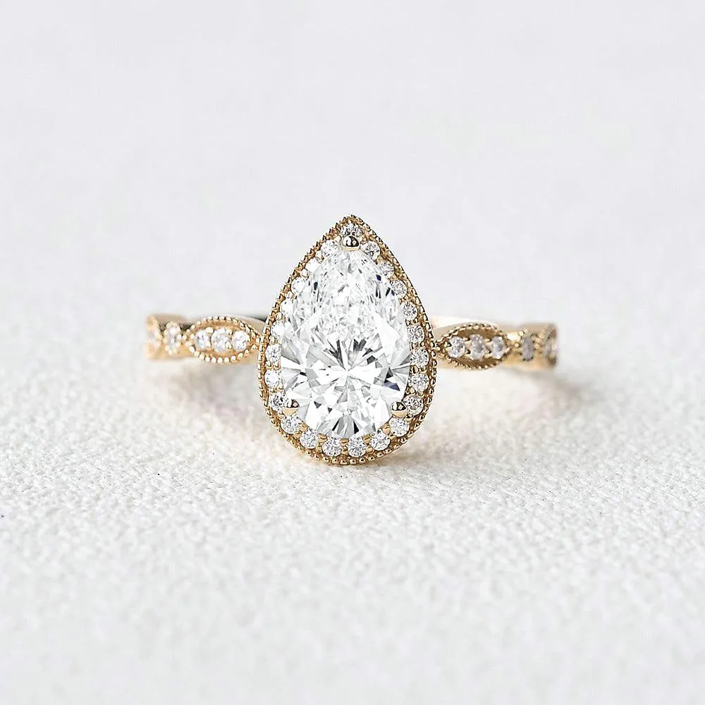 1.0ct Pear Shaped Colorless Lab Grown Diamond Classic Halo Gold Ring