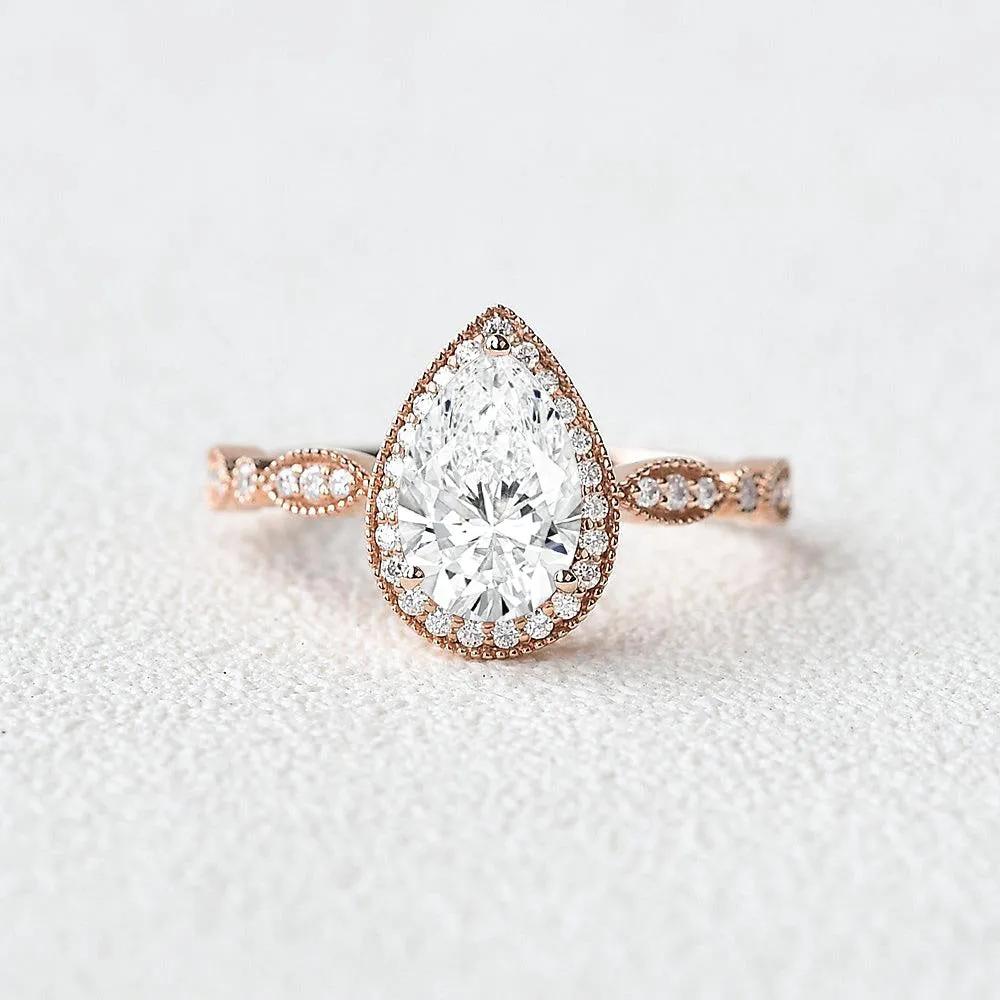 1.0ct Pear Shaped Colorless Lab Grown Diamond Classic Halo Gold Ring