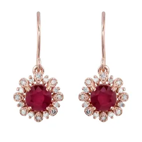 10k Rose Gold Genuine Round Ruby and Diamond Vintage Style Halo Earrings