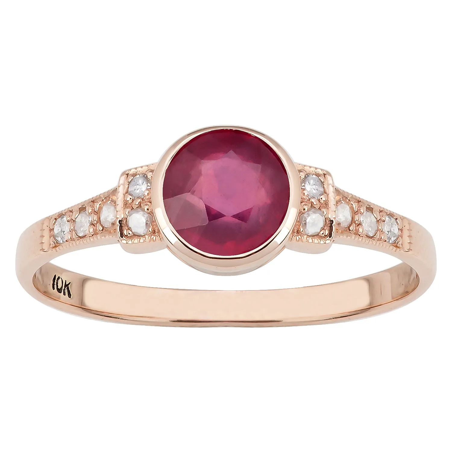 10k Rose Gold Vintage Style Genuine Round Ruby and Diamond Accent Ring