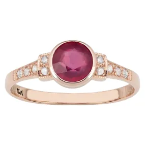 10k Rose Gold Vintage Style Genuine Round Ruby and Diamond Accent Ring