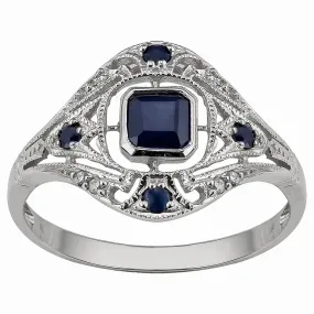 10k White Gold Vintage Style Genuine Sapphire and Diamond Ring