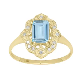 10k Yellow Gold Vintage Style Genuine Emerald-Cut Aquamarine and Diamond Accent Ring