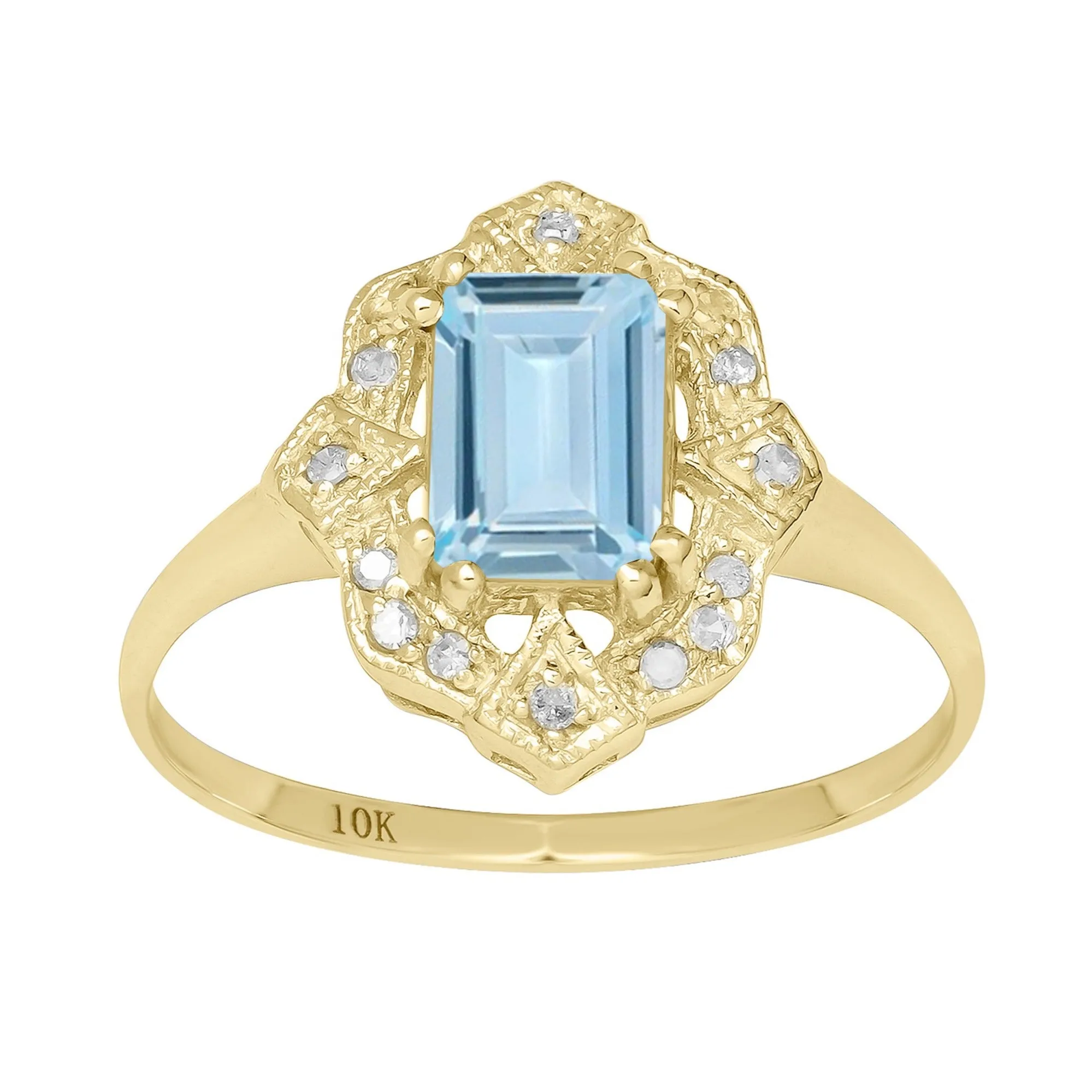 10k Yellow Gold Vintage Style Genuine Emerald-Cut Aquamarine and Diamond Accent Ring