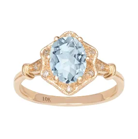 10k Yellow Gold Vintage Style Genuine Oval Aquamarine and Diamond Halo Ring