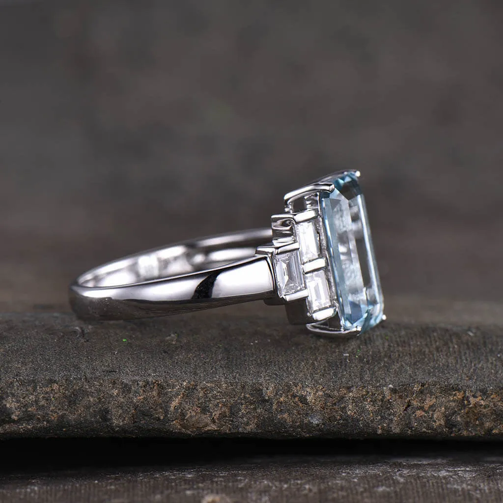 11x6mm Emerald Cut Aquamarine Engagement Ring Baguette Cut Diamond Accent