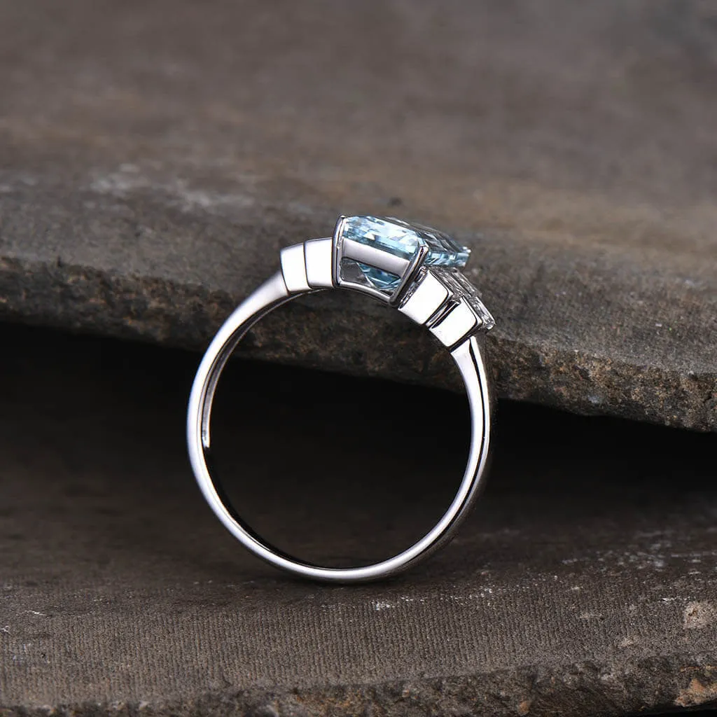 11x6mm Emerald Cut Aquamarine Engagement Ring Baguette Cut Diamond Accent