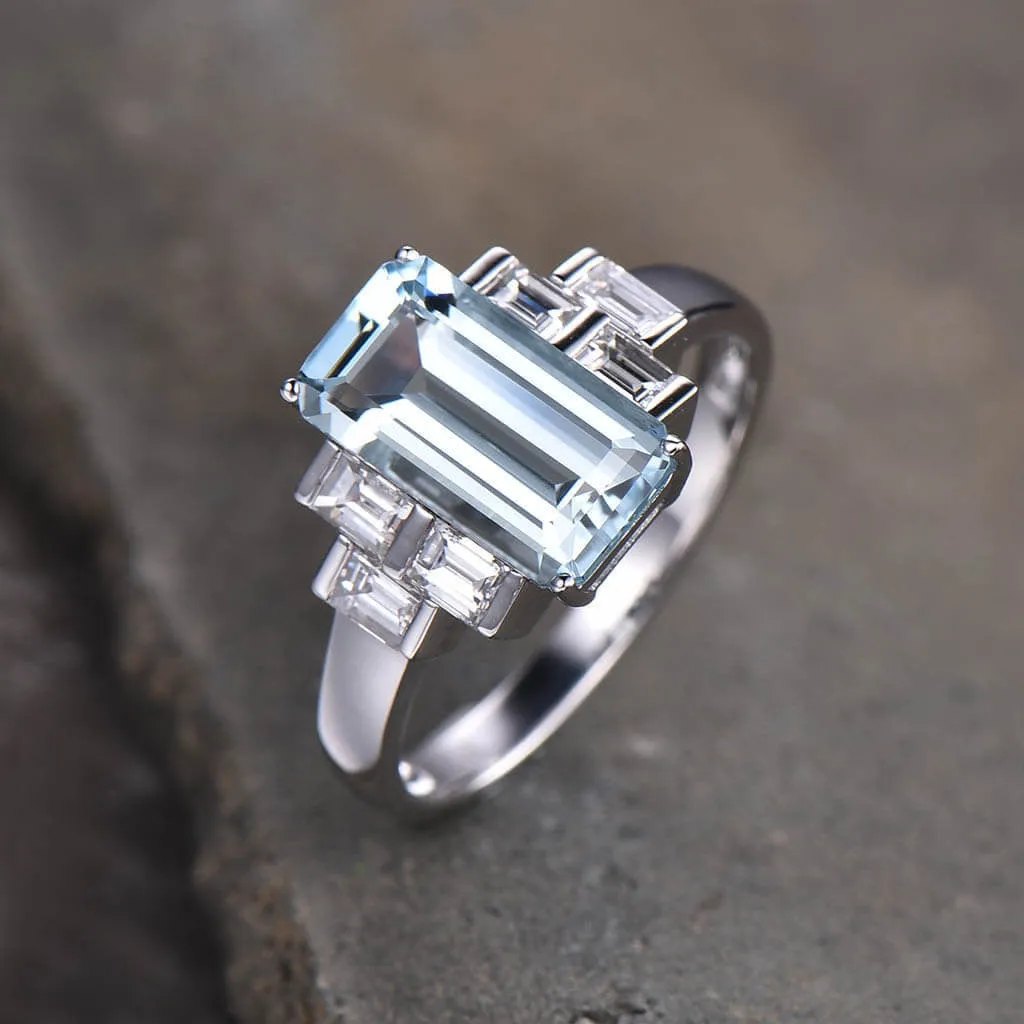 11x6mm Emerald Cut Aquamarine Engagement Ring Baguette Cut Diamond Accent