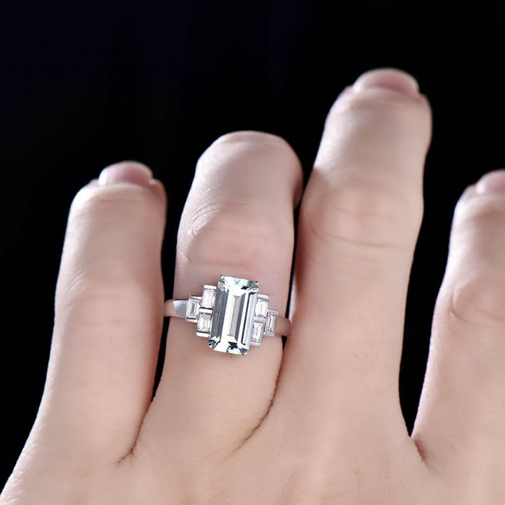 11x6mm Emerald Cut Aquamarine Engagement Ring Baguette Cut Diamond Accent