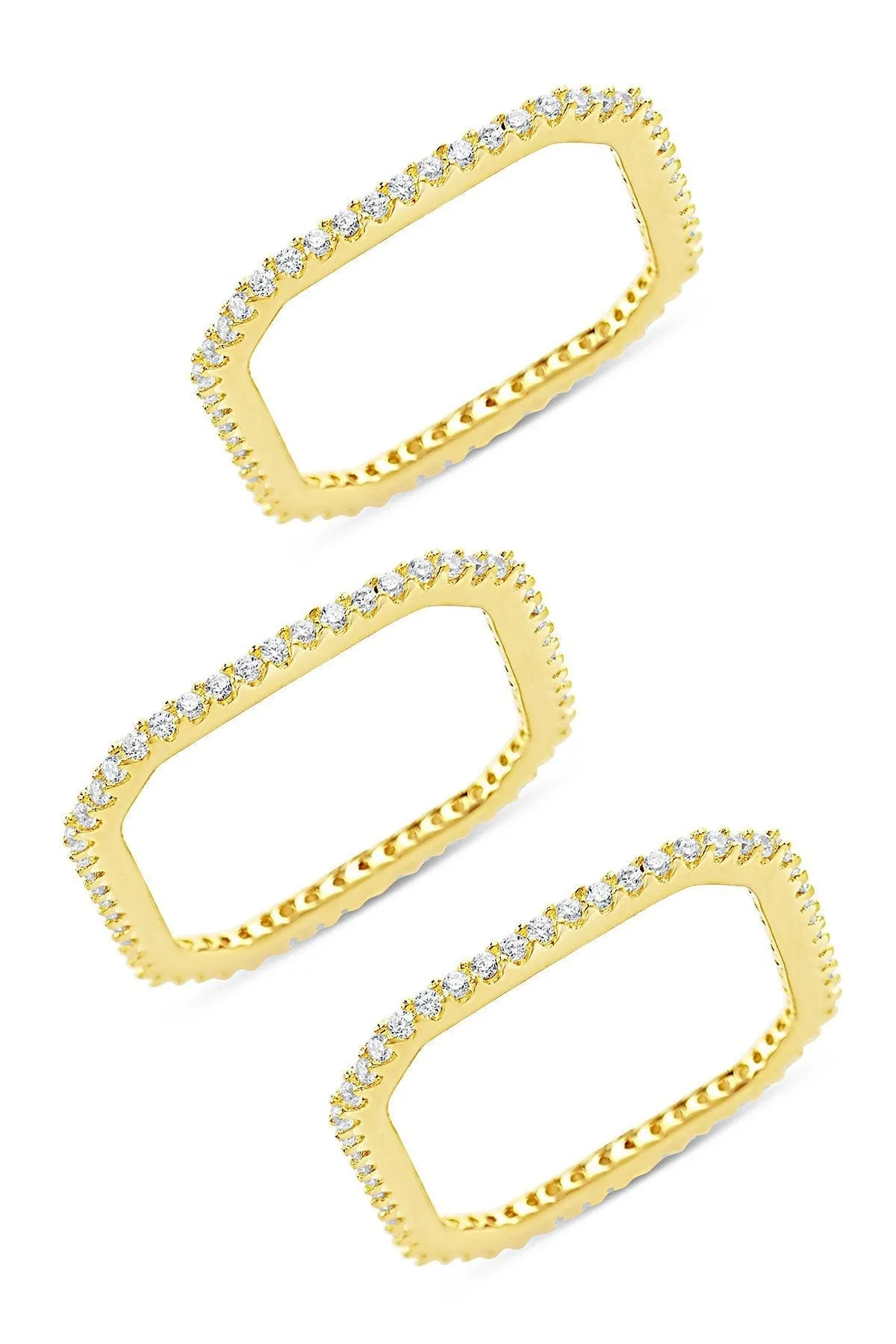 14K Gold Plated Sterling Silver CZ Pave Squared Stackable Ring Set of 3