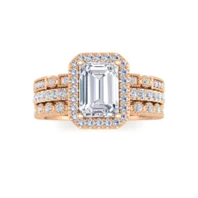 14k Rose Gold 1.0ct Emerald Cut Diamond Halo Bridal Set 1.5tdw