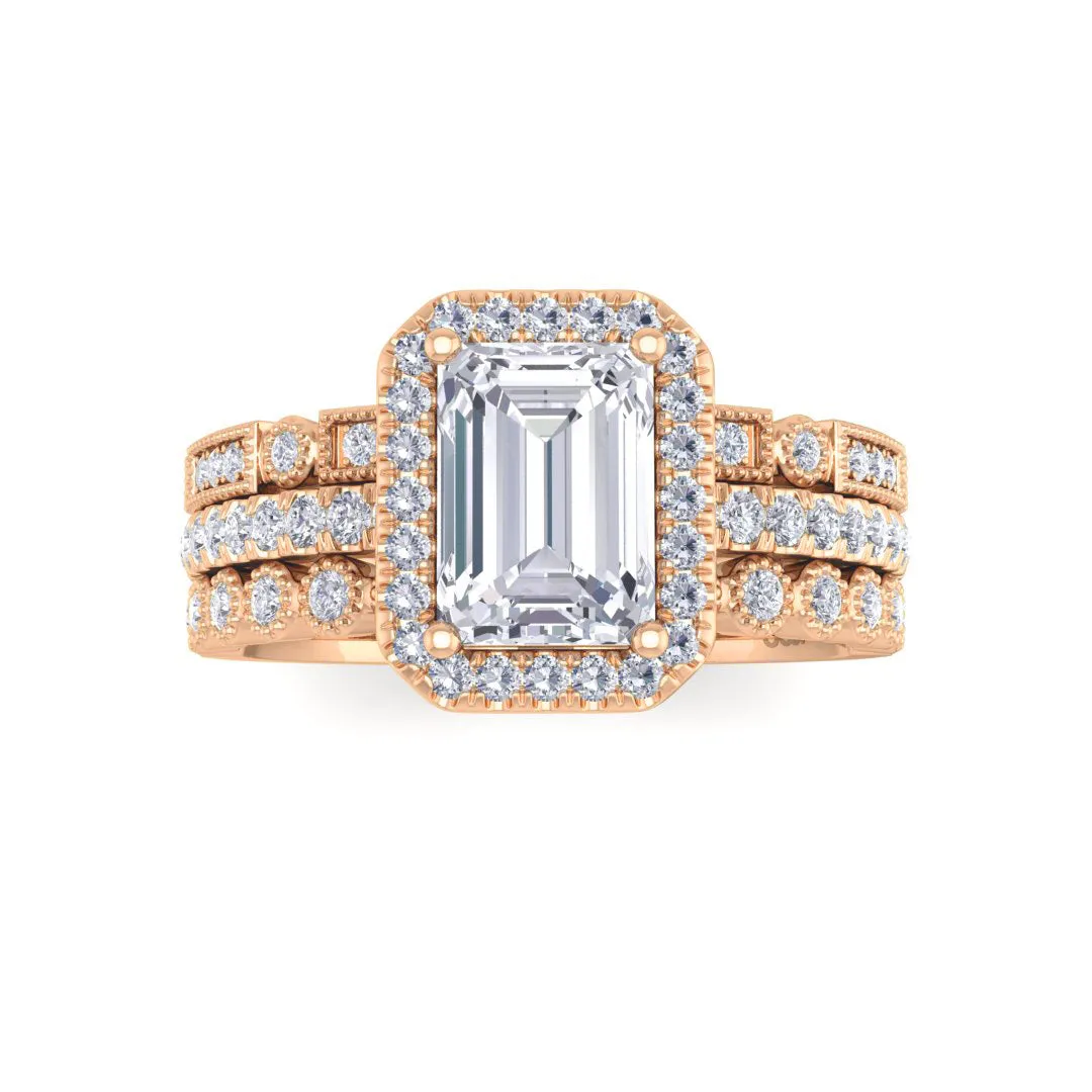 14k Rose Gold 1.0ct Emerald Cut Diamond Halo Bridal Set 1.5tdw