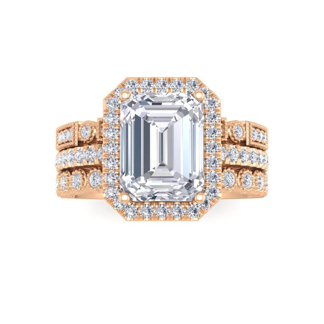 14k Rose Gold 2.0ct Emerald Cut Lab Diamond Halo Bridal Set 2.5tdw
