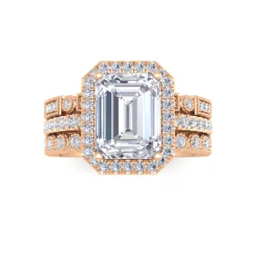 14k Rose Gold 2.0ct Emerald Cut Lab Diamond Halo Bridal Set 2.5tdw