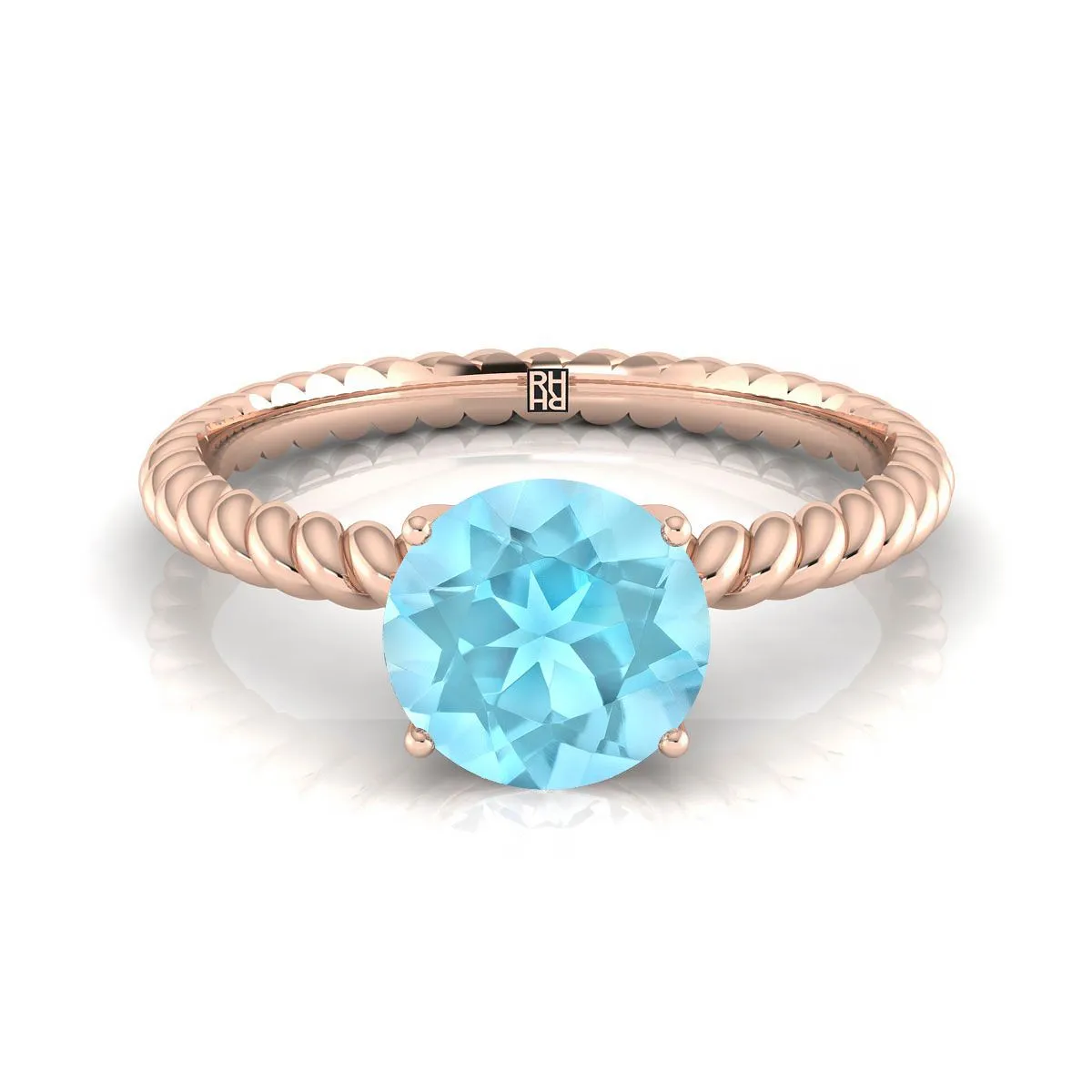 14K Rose Gold Round Brilliant Aquamarine Twisted Rope Solitaire With Surprize Diamond Engagement Ring