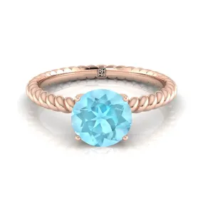 14K Rose Gold Round Brilliant Aquamarine Twisted Rope Solitaire With Surprize Diamond Engagement Ring