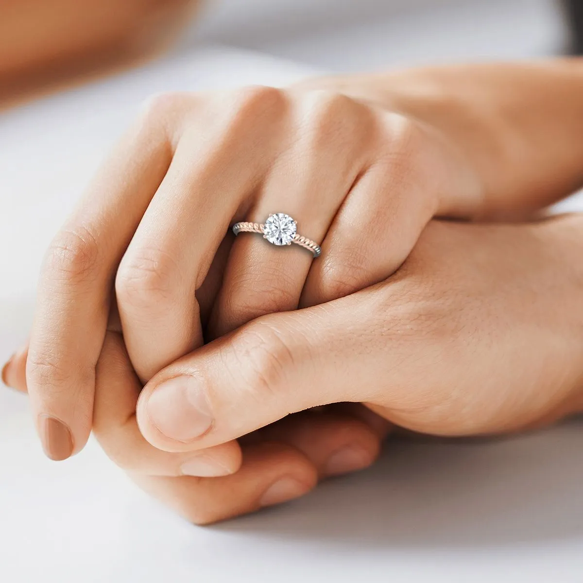 14K Rose Gold Round Brilliant Aquamarine Twisted Rope Solitaire With Surprize Diamond Engagement Ring