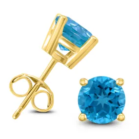 14K Yellow Gold 6Mm Round Blue Topaz Earrings