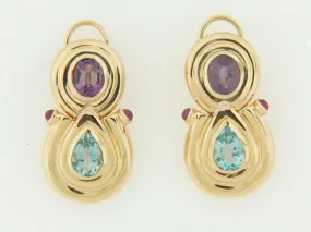 14K-YG BLUE TOPAZ, AMETHYST, AND RUBY EARRINGS
