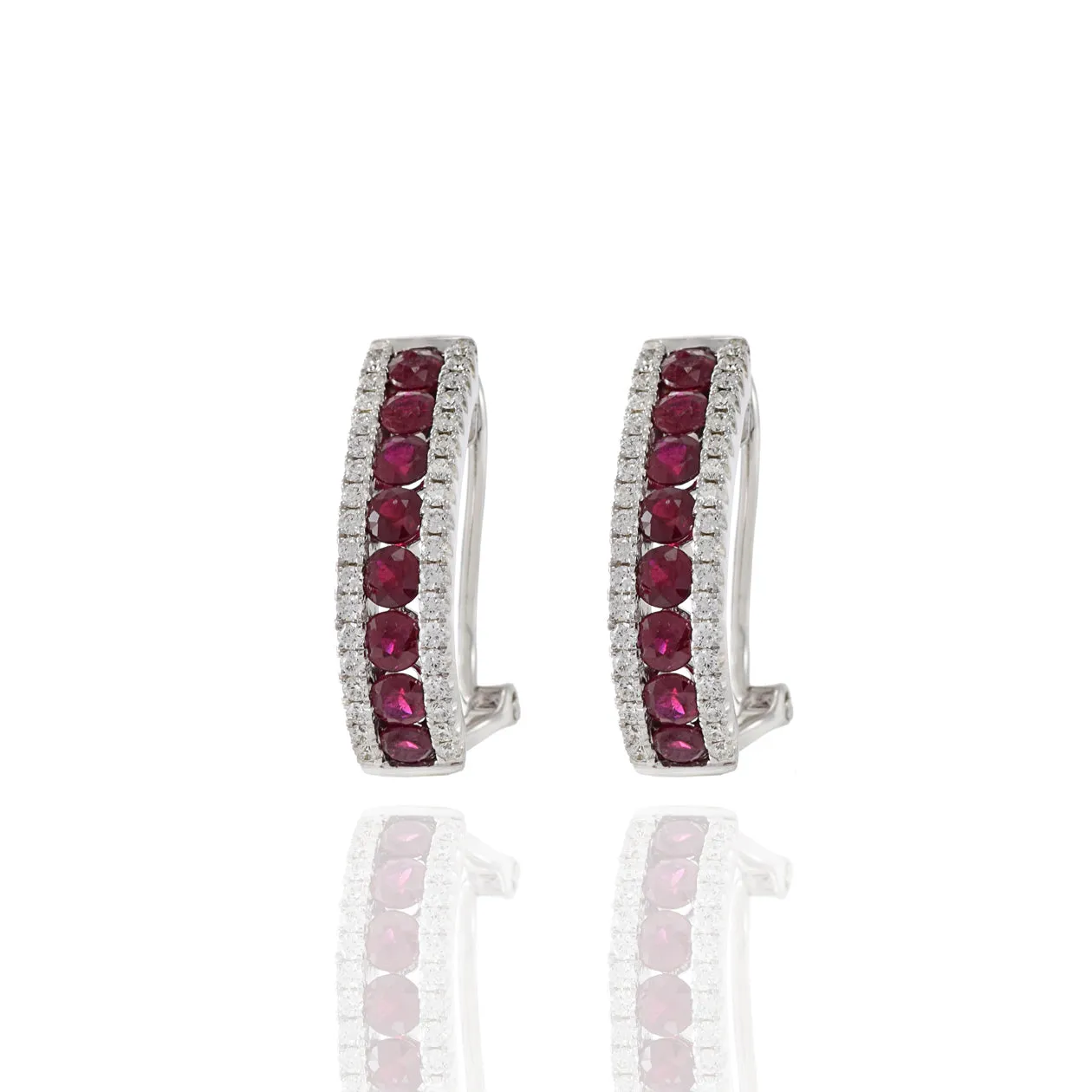 14KT White Gold Ruby And Diamond Huggie Earrings
