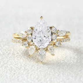 1.5ct Pear Cut Lab Grown Diamond Cluster Gold Ring Set 2pcs