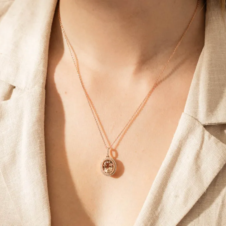 18ct Rose Gold Morganite & Diamond Halo Pendant