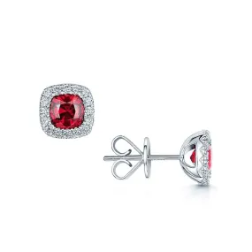 18ct White Gold Cushion Shape Ruby & Diamond Stud Earrings