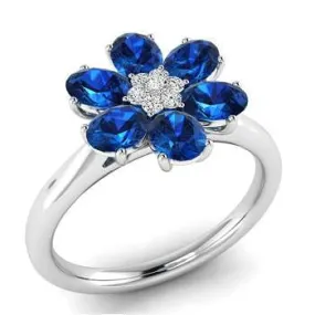 18K Gold Blue Sapphire & Diamond Flower Ring