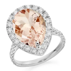 18K Gold Pear Cut Morganite & Diamond Halo Ring 4.65 CTW
