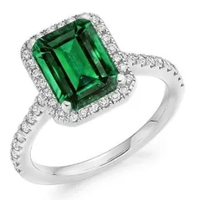 18K White Gold Emerald Cut Emerald & Diamond Halo Ring 2.25 Carats