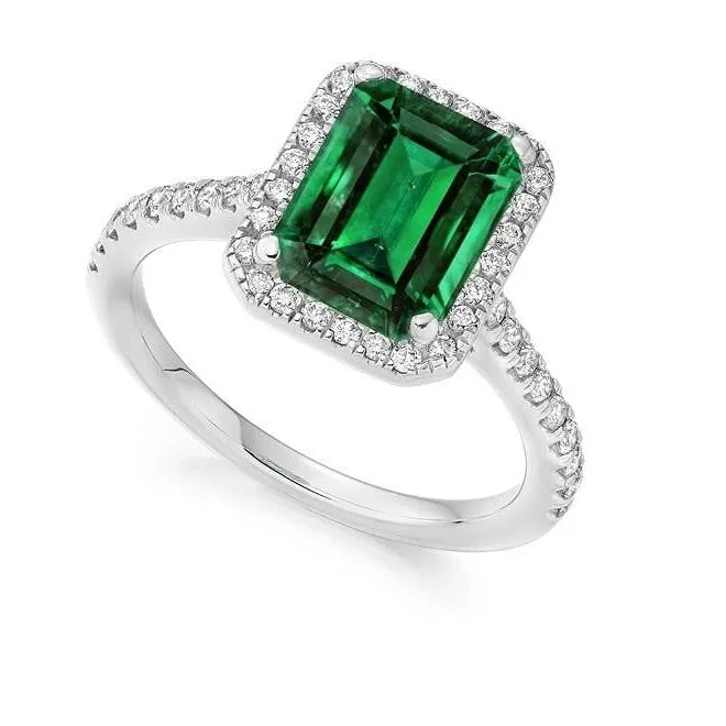 18K White Gold Emerald Cut Emerald & Diamond Halo Ring 2.25 Carats