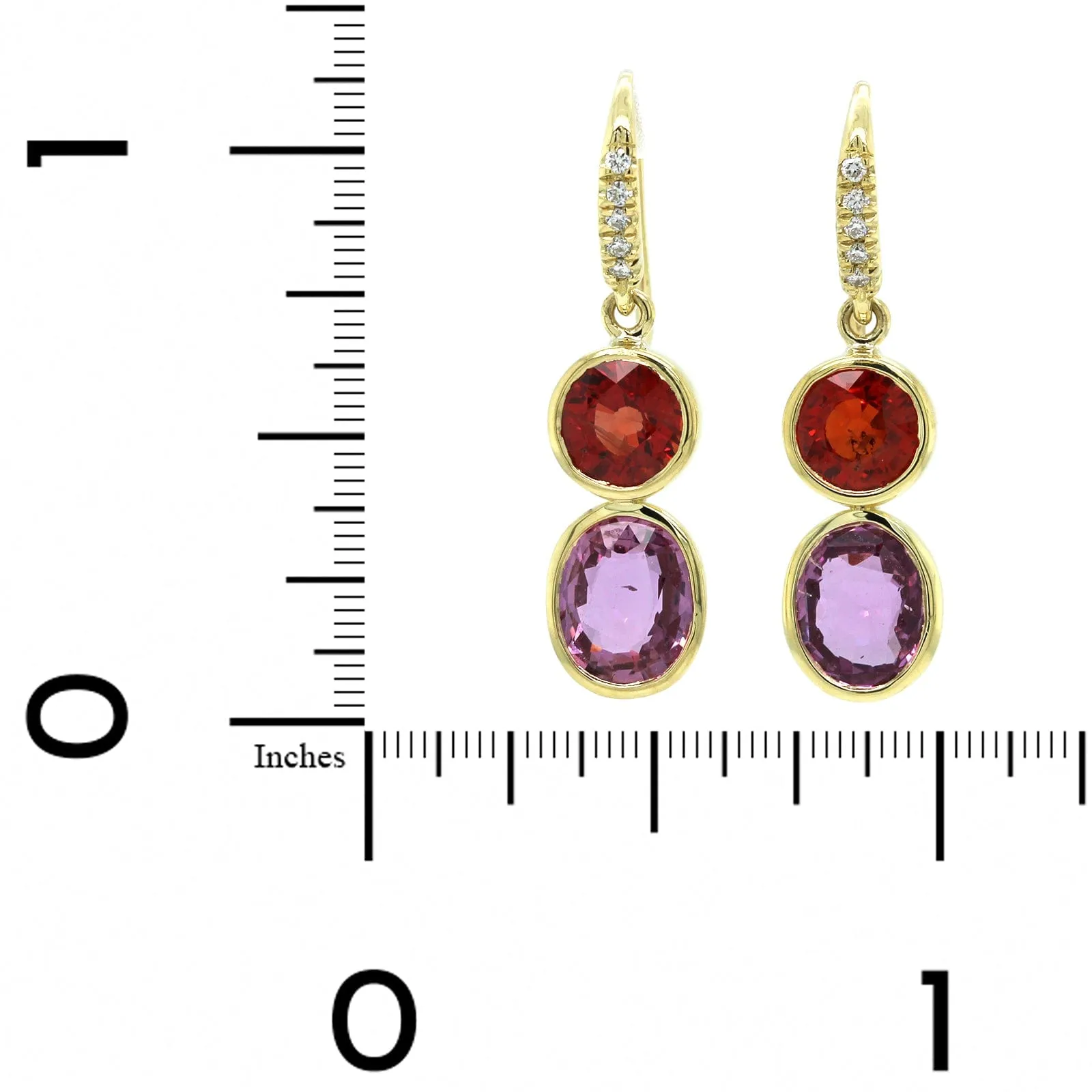 18K Yellow Gold Orange and Pink Sapphire Diamond Drop Earrings