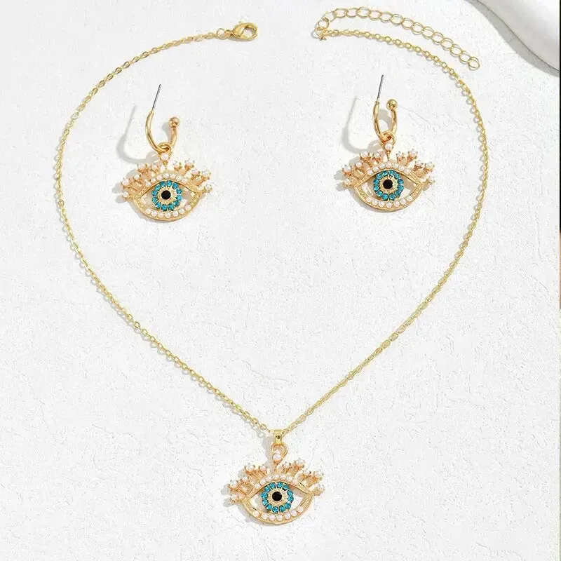 2 PCS Set Multi Color Crystal Evil Eye Necklace Earring Jewelry Set
