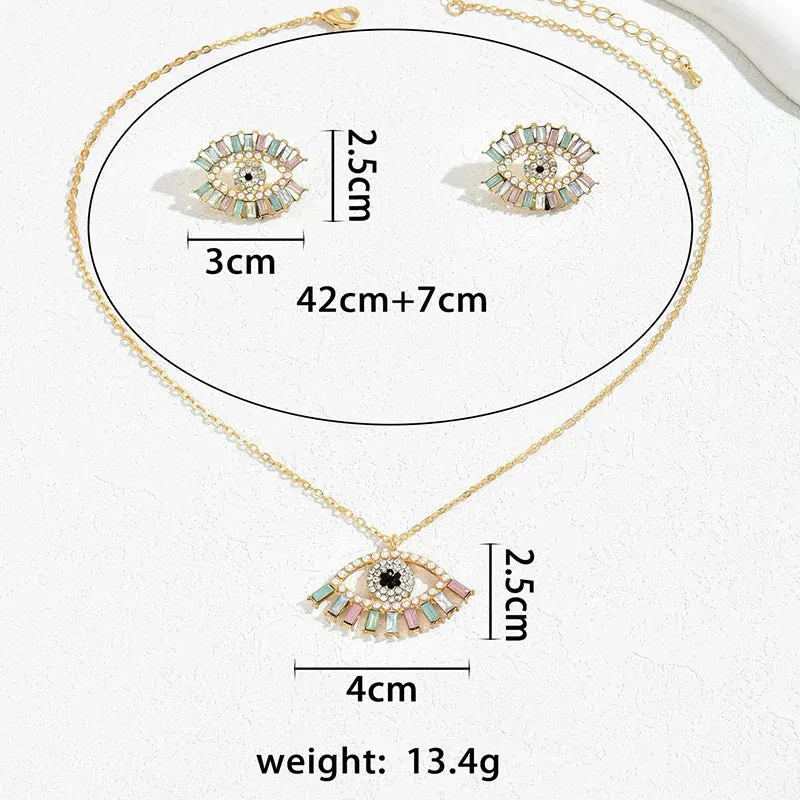 2 PCS Set Multi Color Crystal Evil Eye Necklace Earring Jewelry Set