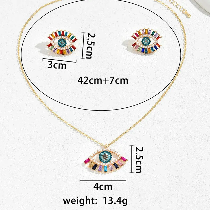 2 PCS Set Multi Color Crystal Evil Eye Necklace Earring Jewelry Set
