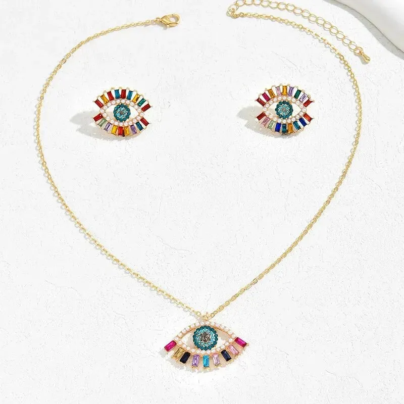 2 PCS Set Multi Color Crystal Evil Eye Necklace Earring Jewelry Set