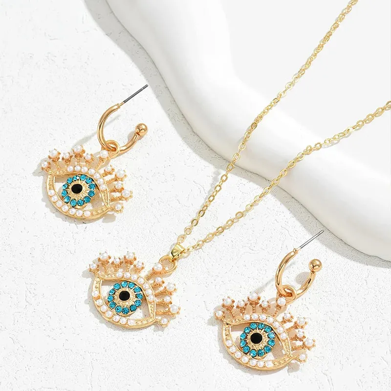 2 PCS Set Multi Color Crystal Evil Eye Necklace Earring Jewelry Set