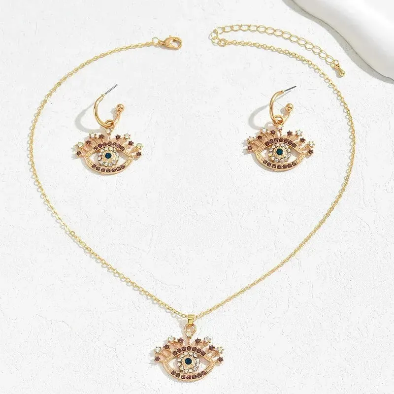 2 PCS Set Multi Color Crystal Evil Eye Necklace Earring Jewelry Set