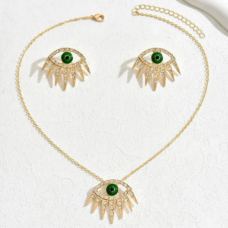 2 PCS Set Multi Color Crystal Evil Eye Necklace Earring Jewelry Set