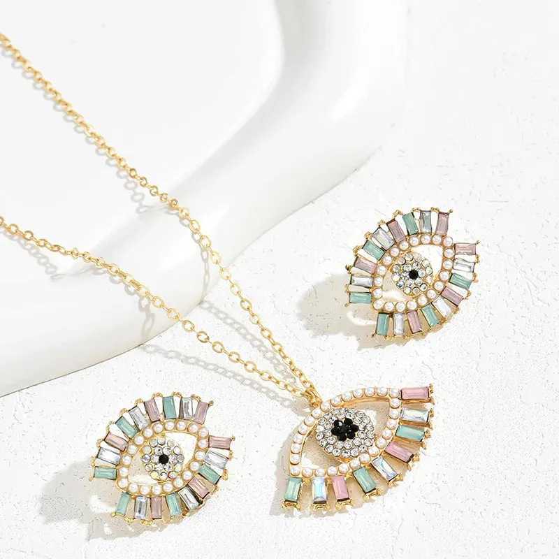 2 PCS Set Multi Color Crystal Evil Eye Necklace Earring Jewelry Set