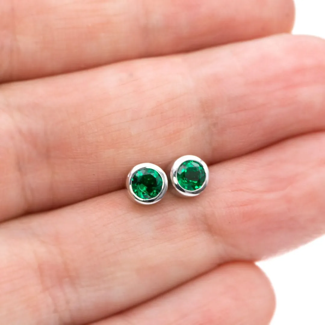 4mm Round Lab Emerald Bezel Stud Earrings
