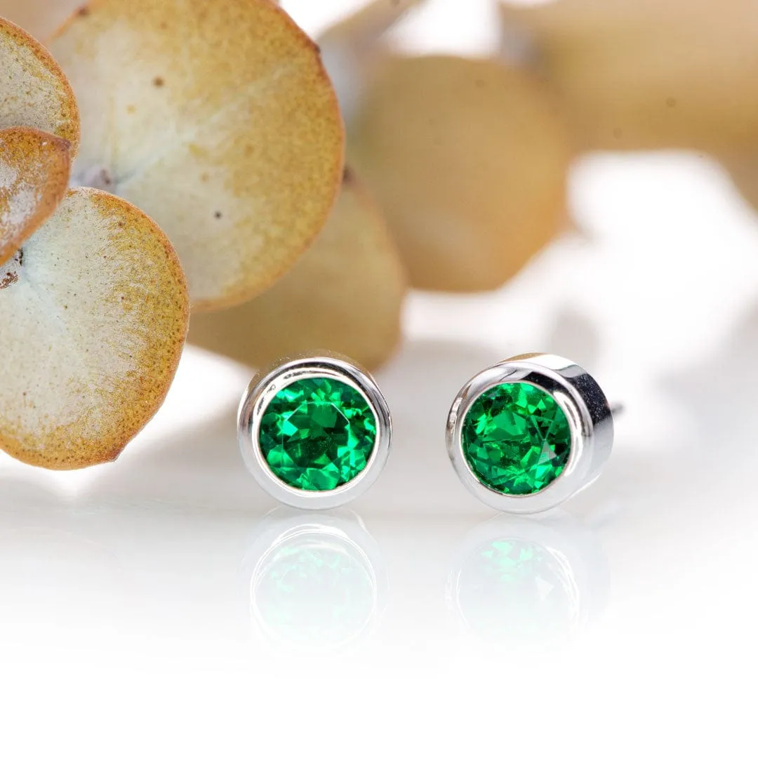 4mm Round Lab Emerald Bezel Stud Earrings
