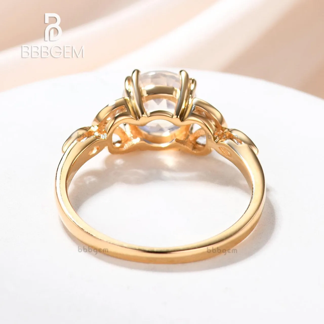 6.5mm Round Cut 1ct Moonstone Engagement Ring Marquise Aquamarine Clover Leaf Sidestones