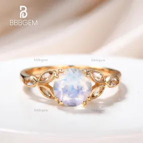 6.5mm Round Cut 1ct Moonstone Engagement Ring Marquise Aquamarine Clover Leaf Sidestones