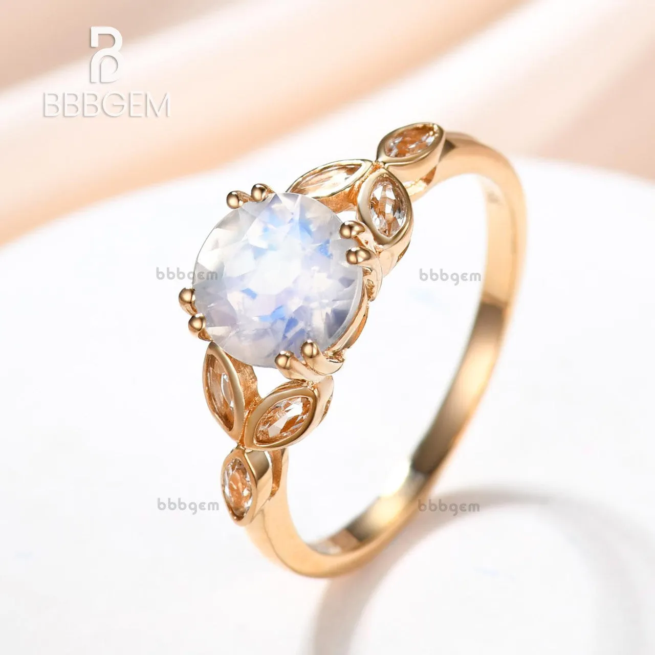 6.5mm Round Cut 1ct Moonstone Engagement Ring Marquise Aquamarine Clover Leaf Sidestones