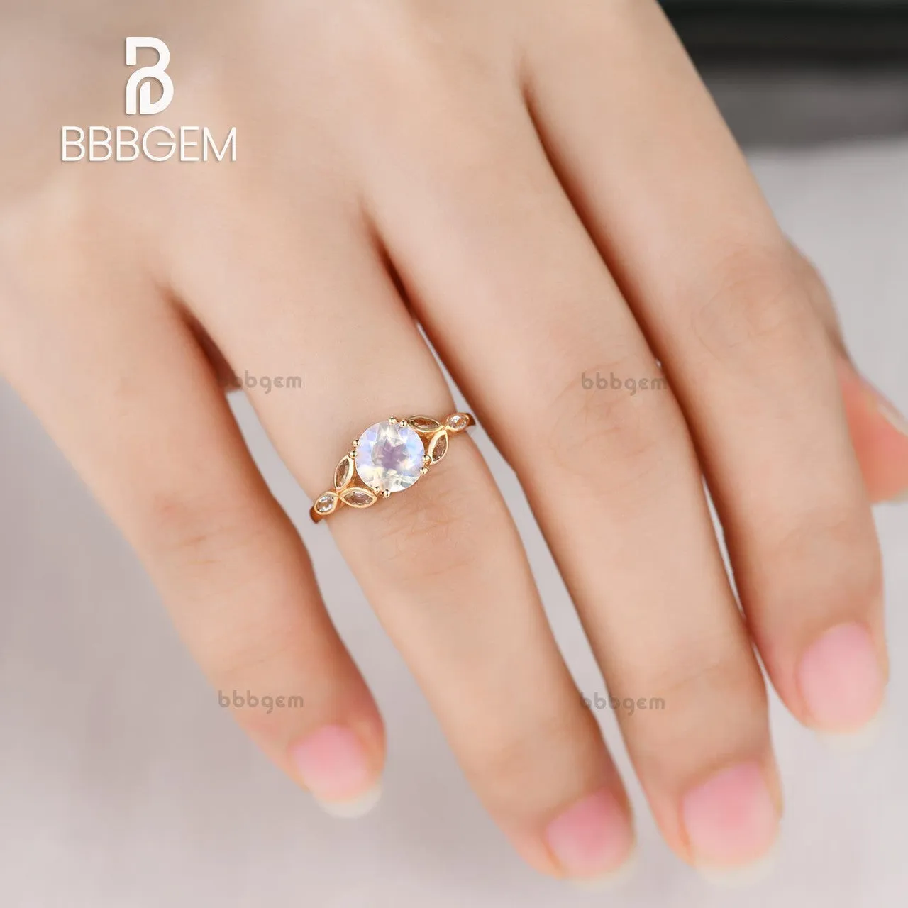 6.5mm Round Cut 1ct Moonstone Engagement Ring Marquise Aquamarine Clover Leaf Sidestones