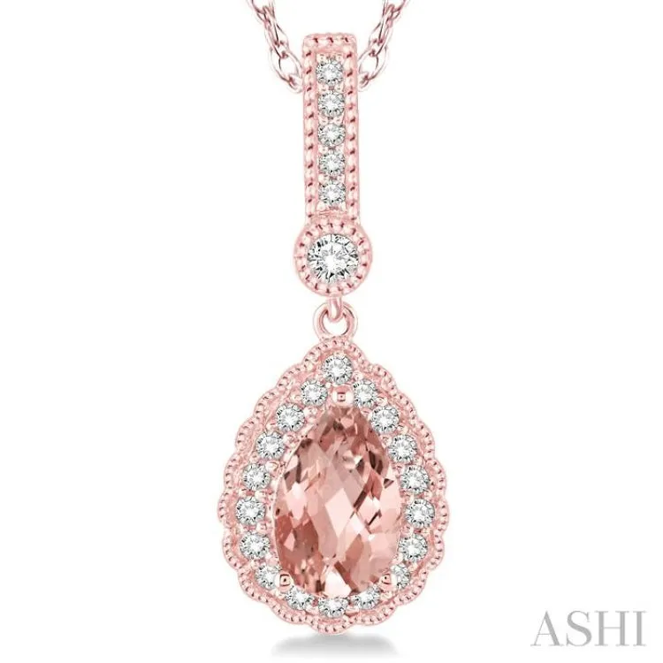 7x5 Pear Shape Morganite and 1/5 Ctw Round Cut Diamond Pendant in 14K Rose Gold with Chain