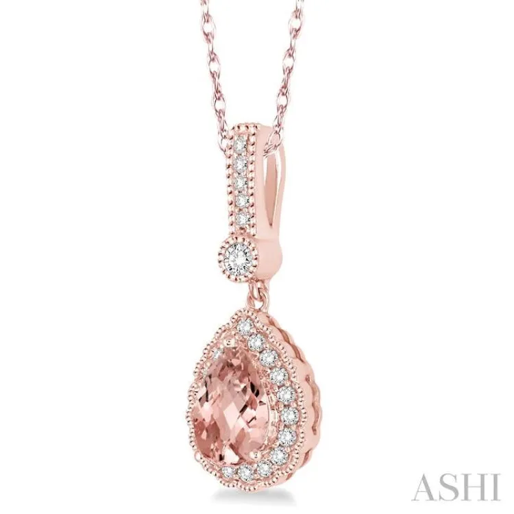 7x5 Pear Shape Morganite and 1/5 Ctw Round Cut Diamond Pendant in 14K Rose Gold with Chain